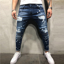 Load image into Gallery viewer, Skinny Slim Fit Straight Ripped Distressed Pleated Knee Patch Denim Pant