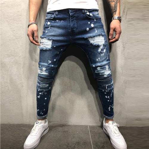 Skinny Slim Fit Straight Ripped Distressed Pleated Knee Patch Denim Pant