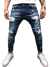 Load image into Gallery viewer, Skinny Slim Fit Straight Ripped Distressed Pleated Knee Patch Denim Pant