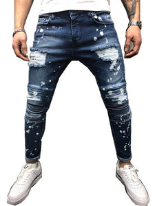Skinny Slim Fit Straight Ripped Distressed Pleated Knee Patch Denim Pant
