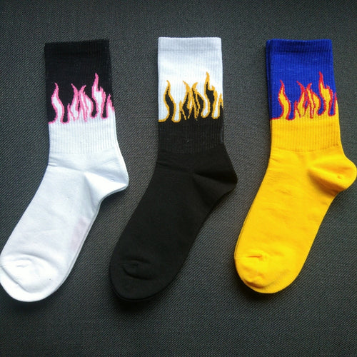 Unisex Flame Black White Yellow Fire Hip Hop Socks